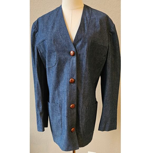 Vintage KORS -Michael Denim Blazer Jacket Leather Buttons Made in Italy Women 10 - Picture 1 of 12